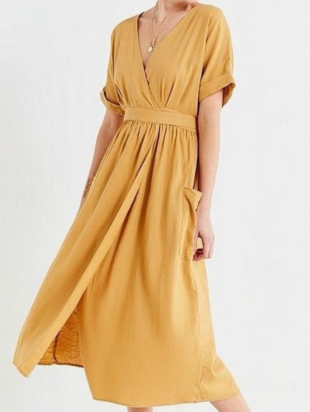 Urban Outfitters Gold Linen Wrap Midi Dress